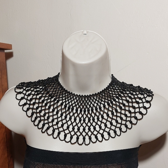 Vintage Jewelry - Vintage African Plastic Beads Black Beaded Cape Collar Necklace Statement Piece
